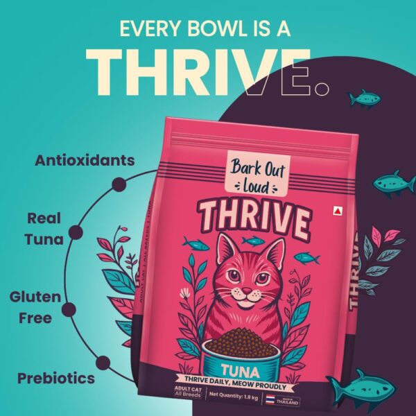 61kLAj9oL._SL1000_.jpg Thrive - Bark Out Loud Real Tuna Fish Dry Cat Food | Antioxidants, Omega, Multivitamins | Yucca for Digestion 4.8 Kg