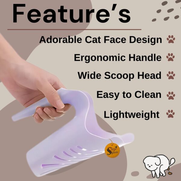Sage Square Cat Face Shape Litter Scooper - Heavy-Duty, Durable with Long Handle for Effortless Cleaning, Ergonomic, Lightweight Design with Large, Ideal for Multi-Cat Households