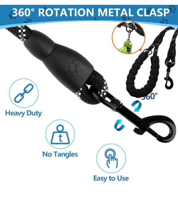 Heavy Duty Dog Leash 5ft with Padded Handle & Reflective Rope for All Dog, Durable Climbing Rope Leash with Strong Metal Clasp for Night Walking, Running, Hiking, Training (Black, 5 FT)