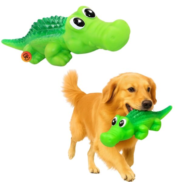 What's Poppin Crocodile Squeaky Dog Toy for Chewing, Fetch & Interactive Play | Textured Pet Toy for Dogs & Puppies | Built-in Squeaker, Gum Massage & Dental Care | Fun Alligator Chew Toy for Pets