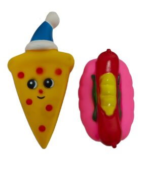Chew Squeaky Hot Dog & Pizza Toys for Dogs – Fun, Durable, Non-Toxic Interactive Chew Toys for Play, Teething, and Dental Health – Set of 2-Orange