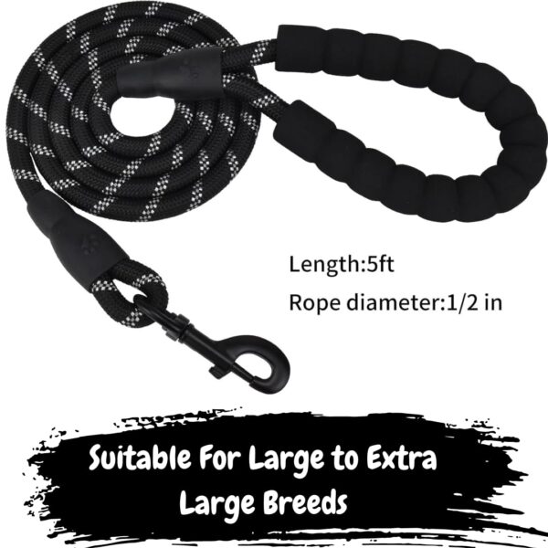 Pawpro Heavy-Duty Dog Leash for Large Breeds | 4ft Nylon Rope Leash with Reflective Threads, Padded Handle & 360° Metal Buckle | Strong & Comfortable for Daily Walks (Black)