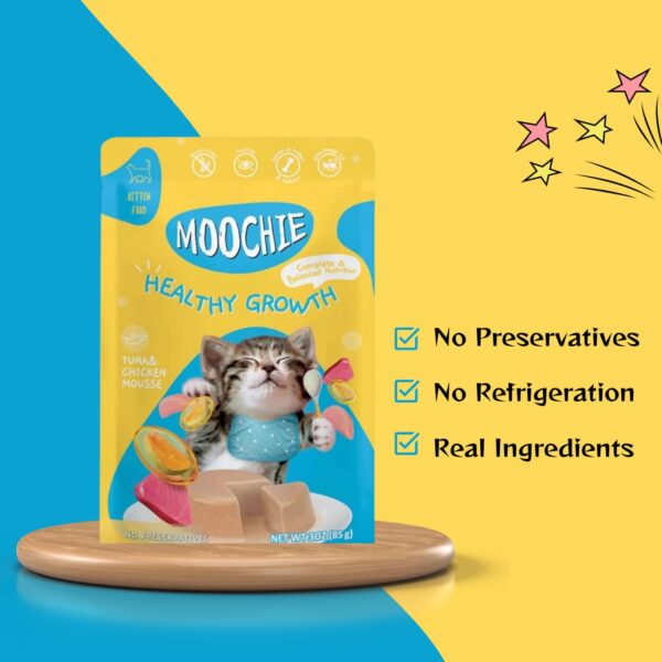 PETS EMPIRE Moochie Tasty Wet Cat Food, Grain Free Cats Gravy Meal (85 g X 12 Pouches) Healthy Growth Tuna Mousse with Chicken, No Artificial Flavours Kitten Food, Non-Vegetarian Cat Foods Pouch