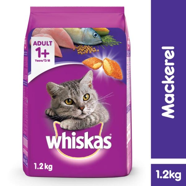612I9j7UJL._SL1000_.jpg Whiskas Adult (+1 Year) Dry Cat Food, Mackerel Flavour, 3kg Pack & Adult (+1 Year) Dry Cat Food, Mackerel Flavour, 1.2kg Pack