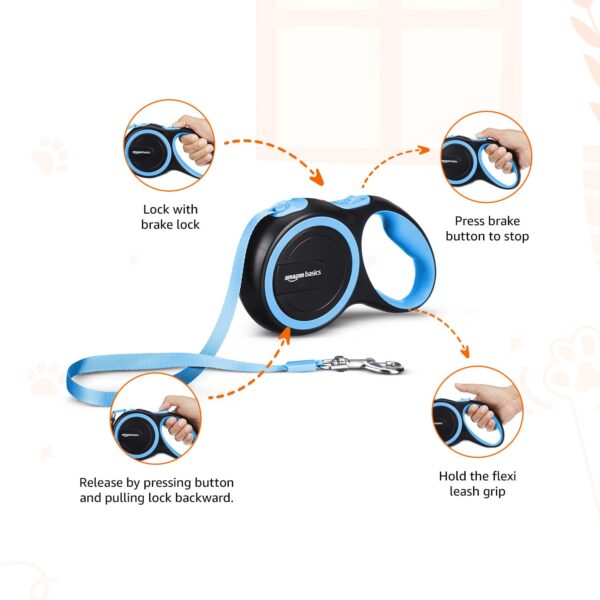 Amazon Basics Retractable Dog Leash | 5 Meter | for Large Dogs Up to 50 Kg | Heavy Duty Leash for Pets | Strong Nylon Tape, Anti-Slip Handle, Built in Spring, One-Click Brake Pause | Blue