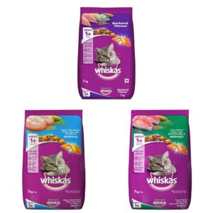 Whiskas Adult (1+ Year) Dry Cat Food, Mackerel, 7Kg Pack & Adult (+1 Year) Dry Cat Food, Tuna Flavour, 7kg Pack & Adult (+1 Year) Dry Cat Food, Ocean Fish Flavour, 7kg Pack