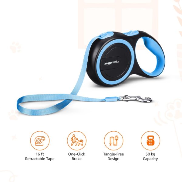 Amazon Basics Retractable Dog Leash | 5 Meter | for Large Dogs Up to 50 Kg | Heavy Duty Leash for Pets | Strong Nylon Tape, Anti-Slip Handle, Built in Spring, One-Click Brake Pause | Blue