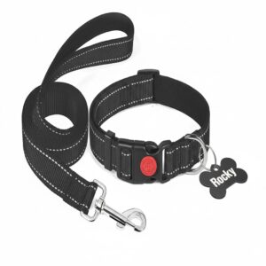 Berlin's Reflective Dog Collar with Leash – 1 Inch Wide, Customized with Pet Name & Number, Adjustable, Comfortable, Durable, Stylish, Safe & Perfect for Small, Medium, Large Dogs (Black)
