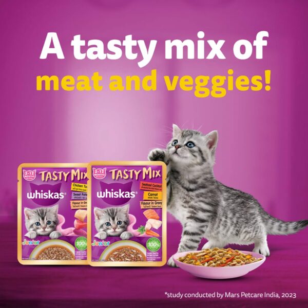 618LME7aAML._SL1100_.jpg Whiskas Tasty Mix Kitten (2-12 Months) Wet Cat Food, Seafood Cocktail Carrot Flavour in Gravy, 70 g x 14, 100% Complete & Balanced Nutrition for Kittens