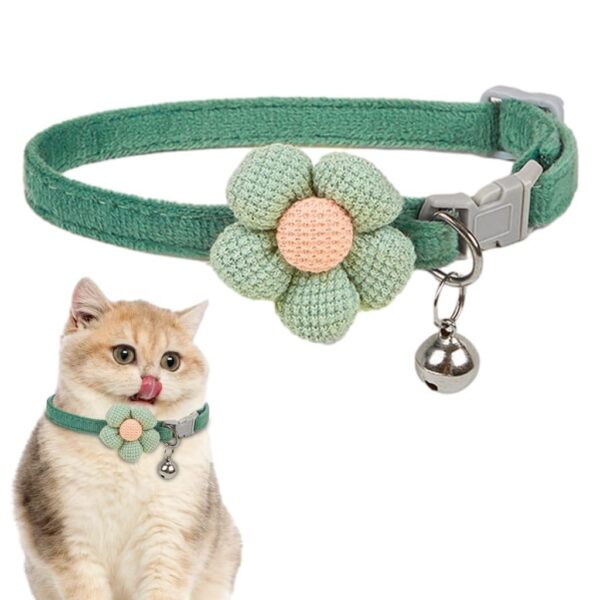 YellowCult Fancy & Comfortable Pet Collars for Cats, Puppies, Small Dogs, Fat Rabbits with Adjustable Size, Bell & Buckle Safety Lock-[Knitted Flower] - [Mint Green]