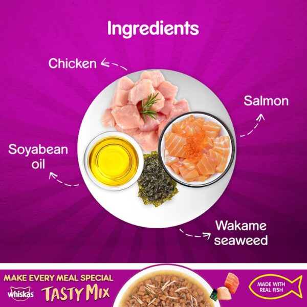 618iou0f7TL._SL1000_.jpg Whiskas Adult (1+ year) Tasty Mix Wet Cat Food Made With Real Fish, Chicken With Salmon Wakame Seaweed in Gravy - Pack of 12 (70g x 12)