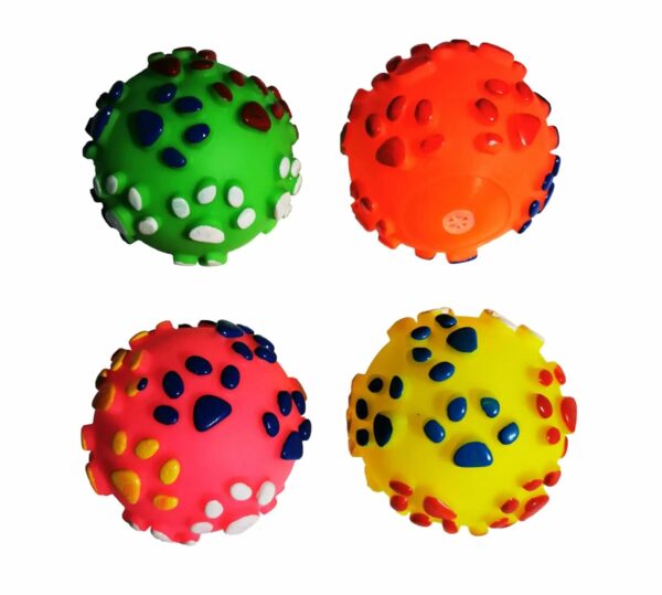 Woofy Plastic Squeaky Vinyl Dog Toy Ball with Colorful Paw Pattern Small (Multicolor) Pack of - 2