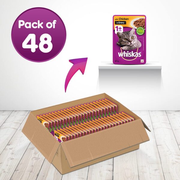 619HXD9tdIL._SL1000_.jpg Whiskas Wet Cat Food for Adult Cats (1+Years), Chicken in Gravy Flavour, 48 Pouches (48 x 85g) & Cat Treat, Tasty Chicken Flavour - 85 g