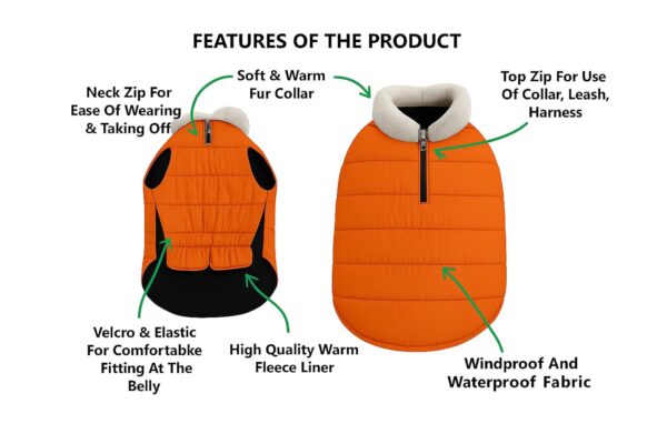 619JmLOD08L._SL1500_.jpg The Pets Company Dog Winter Coat Jacket, Clothes, Windproof, Waterproof, Light Weight, Washable, Ultra Warm Thick Fleece Lined Dog Vest for Cold Weather Protection, (Orange, Medium - 20 Inch)