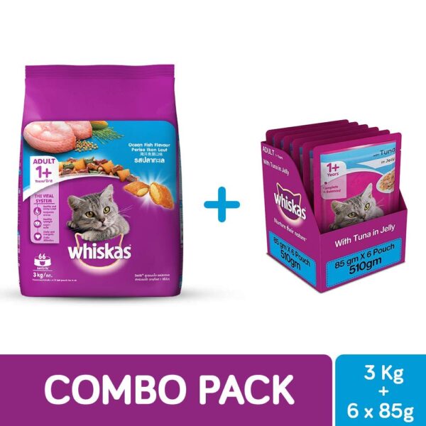 Whiskas Adult Cat Food Combo - Ocean Fish Dry, 3kg + Tuna in Jelly, 85g (6 Pouches)