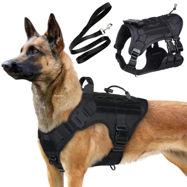 Dog Harness with Leash Small Medium & Large All Breeds for Dogs Harness Reflective Adjustable Belt Vest Harness (Tactical Harness with Leash) (Black) (Large Dogs)