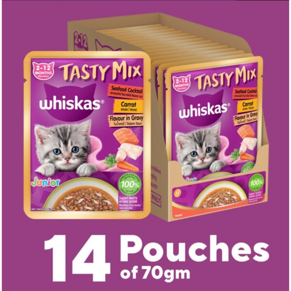 61AJDrlHxzL._SL1100_.jpg Whiskas Tasty Mix Kitten (2-12 Months) Wet Cat Food, Seafood Cocktail Carrot Flavour in Gravy, 70 g x 14, 100% Complete & Balanced Nutrition for Kittens
