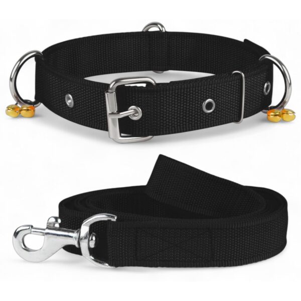 Dog Collar Belt and Leash Set for Large Dogs, Dog Stylish Nylon Leash Belts with Bell - Labrador, Golden Retriever, Pitbull, German Shepherd, Husky, Doberman (Large, Black)