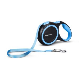 Amazon Basics Retractable Dog Leash | 5 Meter | for Amazon Basics Retractable Dog Leash | 5 Meter | for Large Dogs Up to 50 Kg | Heavy Duty Leash for Pets | Strong Nylon Tape, Anti-Slip Handle, Built in Spring, One-Click Brake Pause | Blue