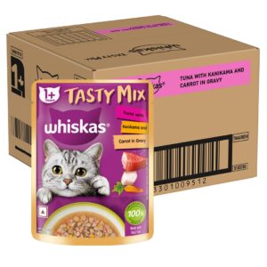 Whiskas Tasty Mix Adult (1+ Year) Wet Cat Food, Tuna with Kanikama & Carrot in Gravy, 70g, Pack of 28| Made with Real Fish| Complete & Balanced Nutrition for Adult Cat