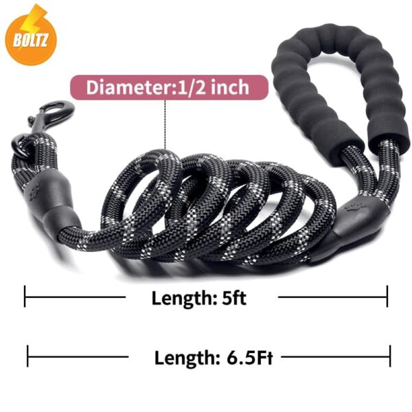 Boltz Heavy Duty Nylon Night Reflective Leash 5 Feet, ½ Inch Thick Reflective Training Rope for Small, Medium and Large Dogs, Strong and Durable Padded Handle & Night Reflective Leash (5 Feet, Black)