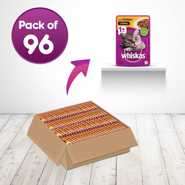 61Fz5WrdsfL._SL1000_.jpg Whiskas Wet Cat Food for Adult Cats (1+Years), Chicken in Gravy Flavour, 96 Pouches (96 x 85g) & Cat Treat, Tasty Chicken Flavour - 85 g
