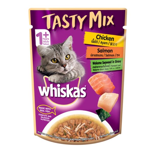 61G1TybySfL._SL1000_.jpg Whiskas Adult (1+ year) Tasty Mix Wet Cat Food Made With Real Fish, Chicken With Salmon Wakame Seaweed in Gravy - Pack of 12 (70g x 12)