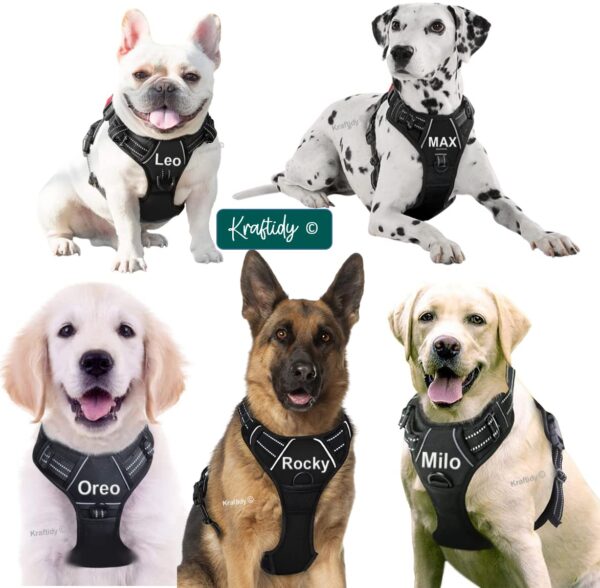 Dog Harness with Name id Customized for Dogs Large Medium Small Puppy All Breeds No Pull Harness Reflective Vest Harness Belt Adjustable with Personalized Dog Name (Black) (Large Dogs)
