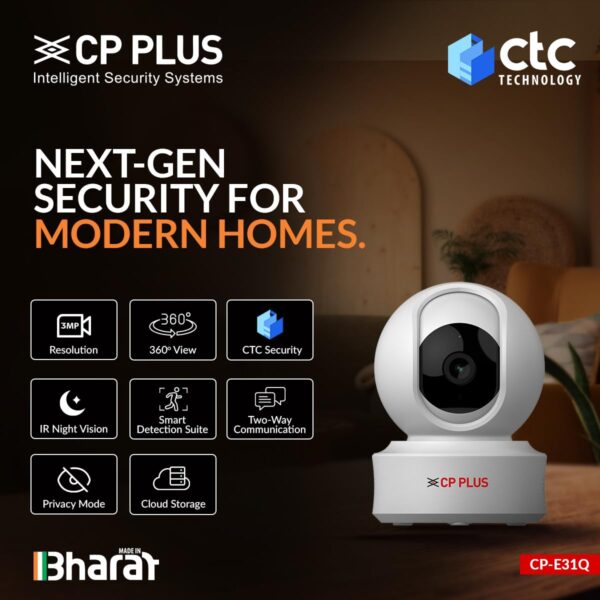 61GzzVYHh1L._SL1200_.jpg CP PLUS 3MP Resolution Smart Wi-fi CCTV Home Security Camera | 360° View | Motion Tracking | 2-Way Talk | Cloud & SD Card Support | CTC Cyber Secure Tech | 15M Night Vision | CP-E31Q