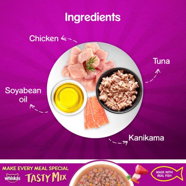 61H3M3yjSQL._SL1000_.jpg Whiskas Tasty Mix, Adult (1+ Years) Wet Cat Food with Real Fish, Tuna with Kanikama and Carrot in Gravy Flavour, 24 x 70 g Pouches