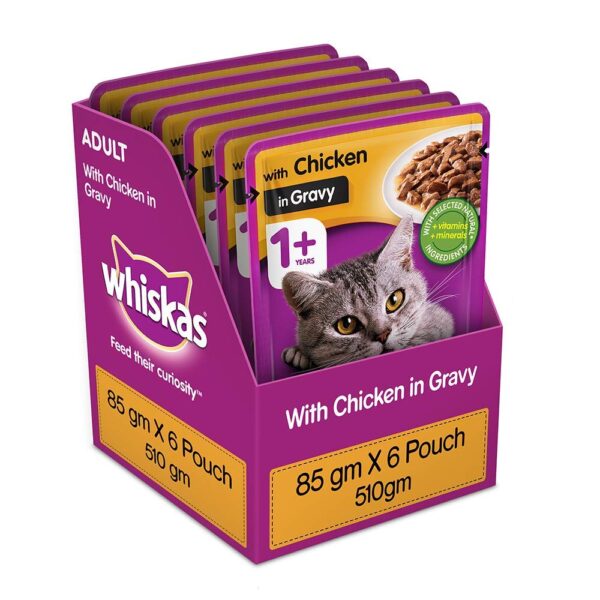 Whiskas Adult (1+ Years) Wet Cat Food, Chicken in Gravy Whiskas Adult (1+ Years) Wet Cat Food, Chicken in Gravy Flavour, 6 x 85 g Pouches