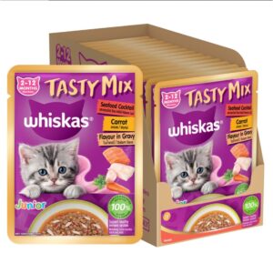 Whiskas Tasty Mix Kitten (2-12 Months) Wet Cat Food, Seafood Cocktail Carrot Flavour in Gravy, 70 g x 14, 100% Complete & Balanced Nutrition for Kittens