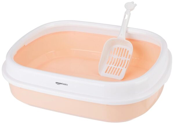 Amazon Basics Cat Litter Box Tray with Free Scooper | Semi Closed Design and Durable Quality | Suitable for All Adult Cats & Kittens, Pink