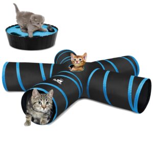 Pawaboo Cat Tunnel, 5 Way Tunnels Extensible Collapsible Cat Play Tunnel Toy Maze Interactive Tube Toy Cat House with Pompon and Bells for Cat Puppy Kitten Rabbit, Black & Light Blue