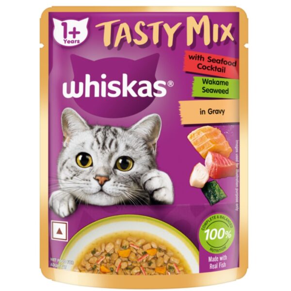 Whiskas Tasty Mix Adult (1+ year) Wet Cat Food, Seafood Whiskas Tasty Mix Adult (1+ year) Wet Cat Food, Seafood Cocktail Wakame Seaweed in Gravy, 70 g, Cat Food Made with Real Fish, Complete & Balanced Nutrition for Adult Cats