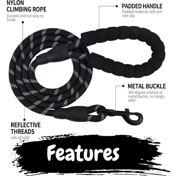 Pawpro Heavy-Duty Dog Leash for Large Breeds | 4ft Nylon Rope Leash with Reflective Threads, Padded Handle & 360° Metal Buckle | Strong & Comfortable for Daily Walks (Black)