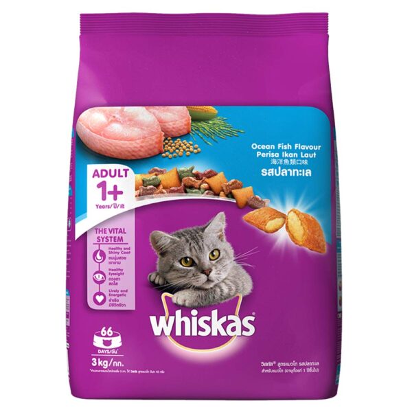 61L0iMNHfoL._SL1000_.jpg Whiskas Adult (+1 Year) Dry Cat Food, Ocean Fish Flavour, 3kg Pack & Whiskas Adult (+1 Year) Dry Cat Food, Mackerel Flavour, 3kg Pack