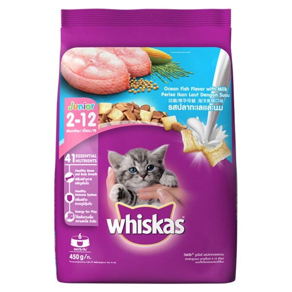 61L47EI6WyL._SL1000_.jpg Whiskas Kitten (2-12 Months) Dry Cat Food, Ocean Fish, 1.1kg Pack and Kitten (2-12 Months) Dry Cat Food, Ocean Fish, 450g Pack
