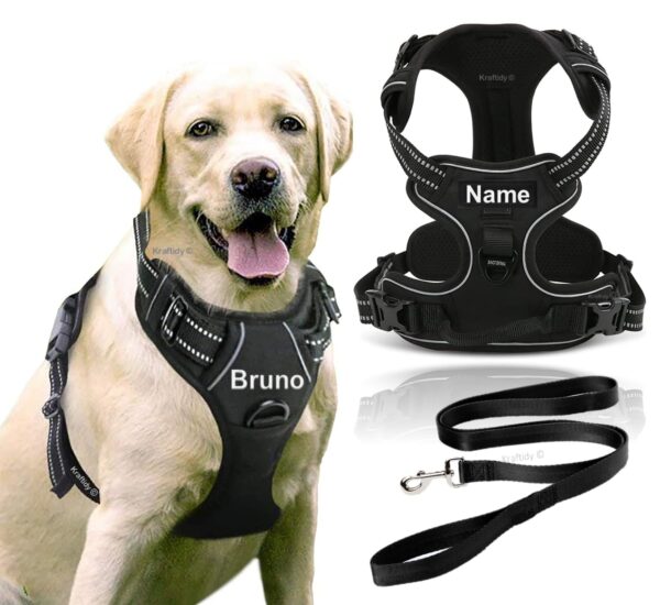 Dog Harness with Name id Customized for Dogs Large Medium Small Puppy All Breeds No Pull Harness Reflective Vest Harness Belt Adjustable with Personalized Dog Name (Black) (Large Dogs)