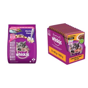 Whiskas Dry Food for Mother and Babycat, Mackerel Flavour, 3kg&Whiskas Wet Food for Kittens (2-12 Months), Chicken in Gravy Flavour, 12 Pouches (12 x 85g)