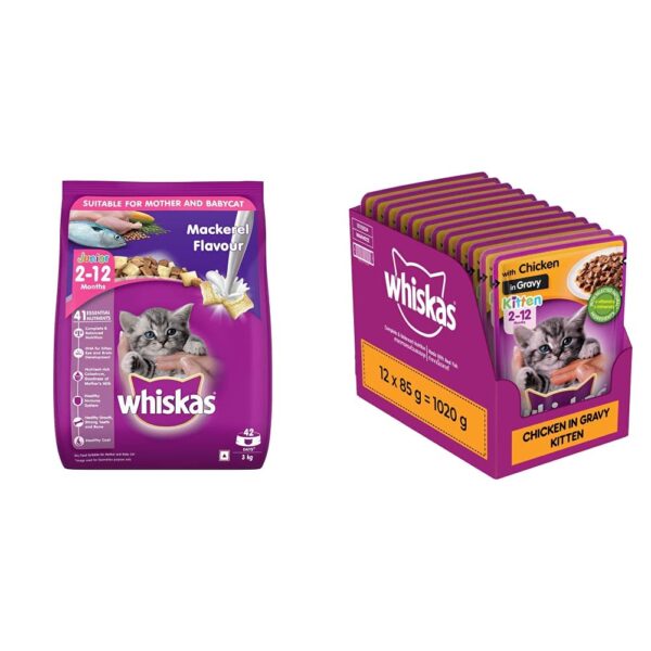 Whiskas Dry Food for Mother and Babycat, Mackerel Flavour, 3kg&Whiskas Whiskas Dry Food for Mother and Babycat, Mackerel Flavour, 3kg&Whiskas Wet Food for Kittens (2-12 Months), Chicken in Gravy Flavour, 12 Pouches (12 x 85g)