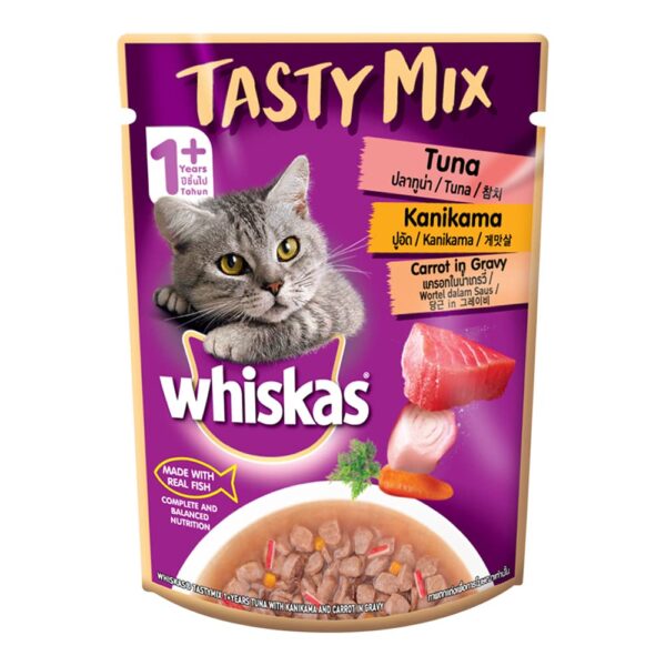 61MG-8iAdhL._SL1000_.jpg Whiskas Tasty Mix, Adult (1+ Years) Wet Cat Food with Real Fish, Tuna with Kanikama and Carrot in Gravy Flavour, 24 x 70 g Pouches