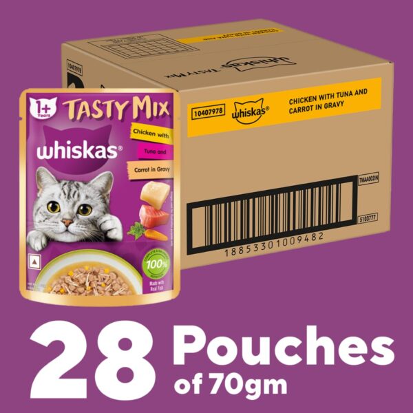 61MzjlhMFxL._SL1100_.jpg Whiskas Tasty Mix Adult (1+ Year) Wet Cat Food, Chicken with Tuna & Carrot in Gravy, 70 g, Pack of 28| Made with Real Fish| Complete & Balanced Nutrition for Adult Cat
