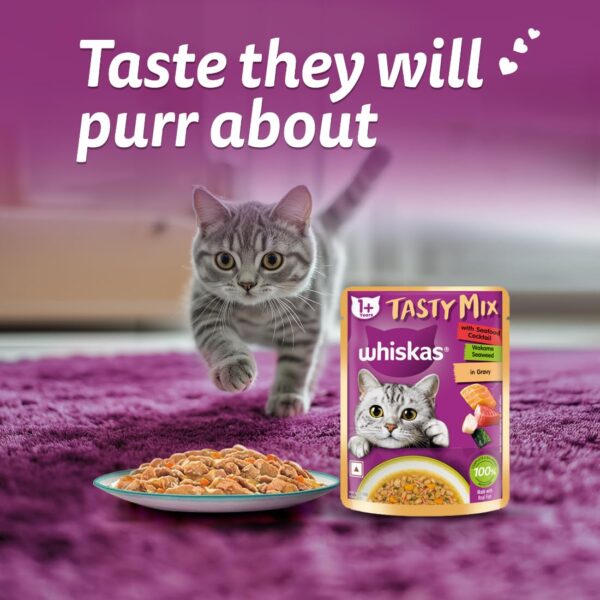 61N6XRVPzL._SL1100_.jpg Whiskas Tasty Mix Adult (1+ year) Wet Cat Food, Seafood Cocktail Wakame Seaweed in Gravy, 70 g, Cat Food Made with Real Fish, Complete & Balanced Nutrition for Adult Cats