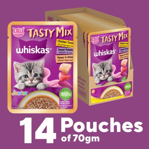 61NbVflKxHL._SL1100_.jpg Whiskas Tasty Mix Kitten (2-12 Months) Wet Cat Food, Chicken, Tuna with Sweet Potato in Gravy, 70 g x 14, 100% Complete & Balanced Nutrition for Kittens