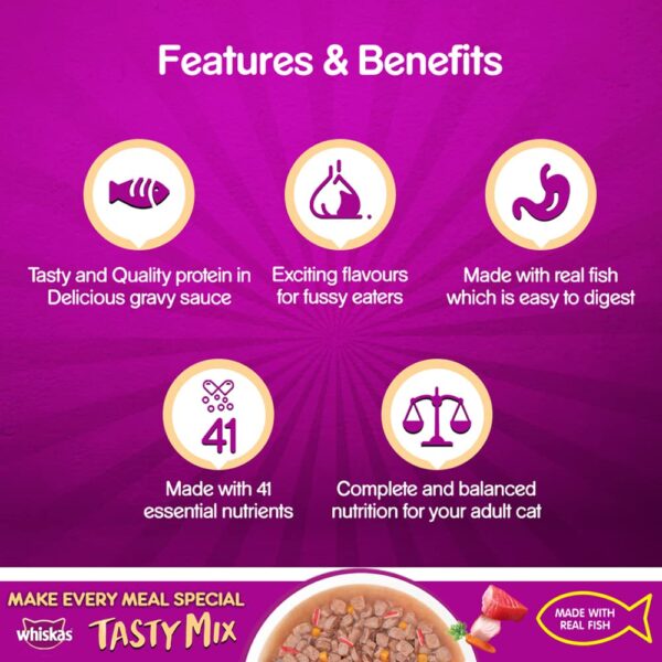 61NeIXiUo2L._SL1000_.jpg Whiskas Tasty Mix, Adult (1+ Years) Wet Cat Food with Real Fish, Tuna with Kanikama and Carrot in Gravy Flavour, 24 x 70 g Pouches