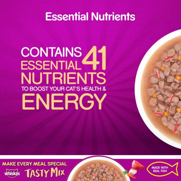61NpFxKRcVL._SL1000_.jpg Whiskas Tasty Mix, Adult (1+ Years) Wet Cat Food with Real Fish, Tuna with Kanikama and Carrot in Gravy Flavour, 24 x 70 g Pouches