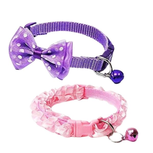 YellowCult 2 Piece Pet Collars for Cats, Puppies, Small Dogs, Fat Rabbits with Adjustable Size, Bell & Buckle Safety Lock-[Bow & Frill]-[Purple & Pink]