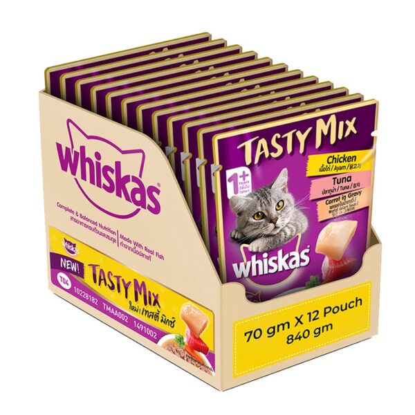 Whiskas Tasty Mix, Adult (1+ Years) Wet Cat Food with Whiskas Tasty Mix, Adult (1+ Years) Wet Cat Food with Real Fish, Chicken with Tuna and Carrot in Gravy Flavour, 12 x 70 g Pouches
