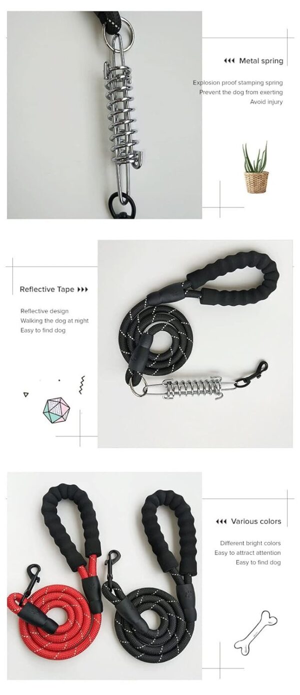 Strong Dog Leash with Comfortable Padded Handle, Spring and Highly Reflective Threads for Small Medium and Large Dogs